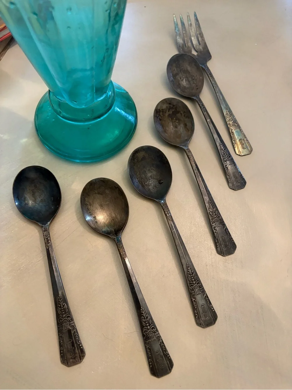 Vintage-Style Blackened Silver Dessert Spoon Set - Home Dining